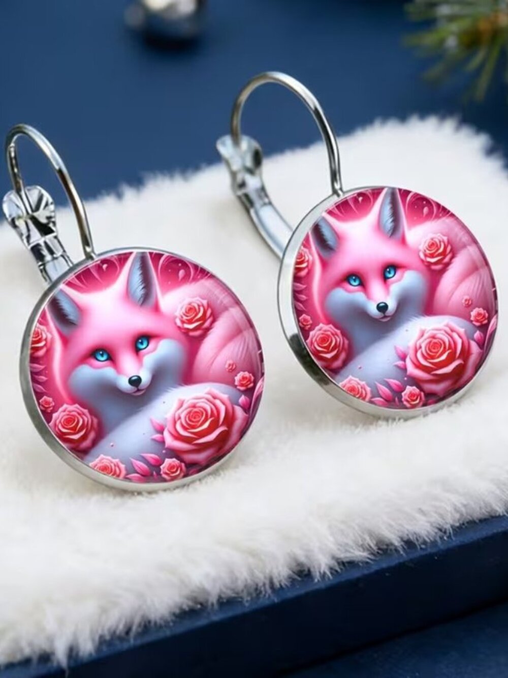 Silver PINK FOX Dangle Earrings